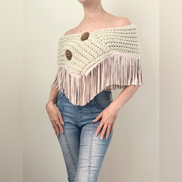Y2k 2000s Vintage Fringe Poncho Shawl Sweater - Picture 1 of 5